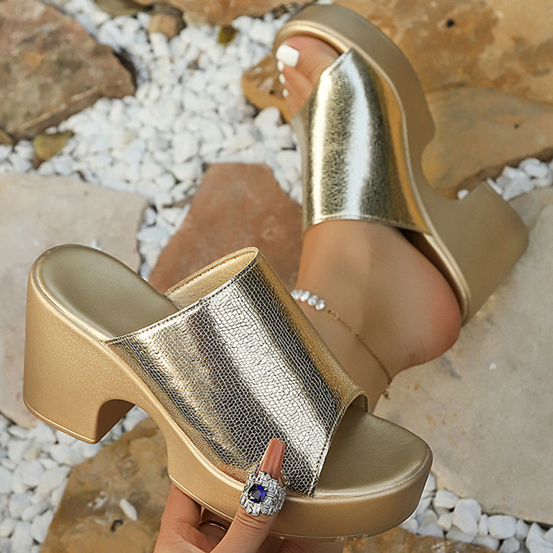 Square Toe Mule - Fashion Gold Silver Chunky Platform Sandals