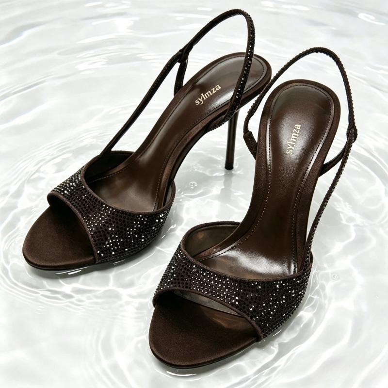 Women Shoes Luxury Brand - Fashion Crystal Detail Slingback Heels Women