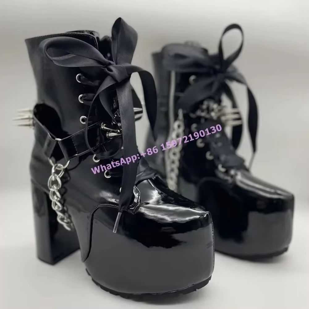 Ribbon Tie Heel - Ribbon Tied Rivet Black Boots Dark