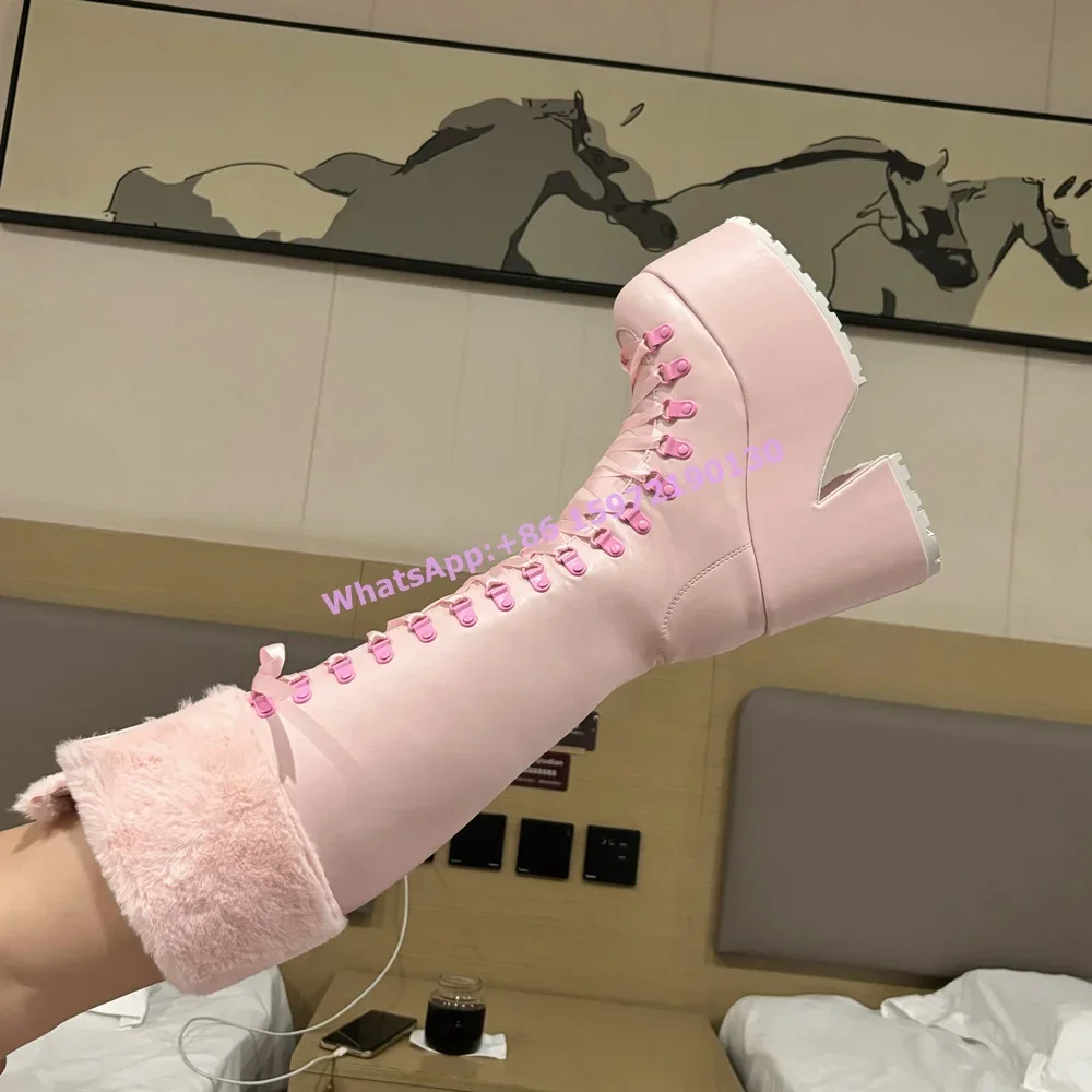 Pink Furry Boots Thick Soled L - Ribbon Tie Heel 评论和价格
