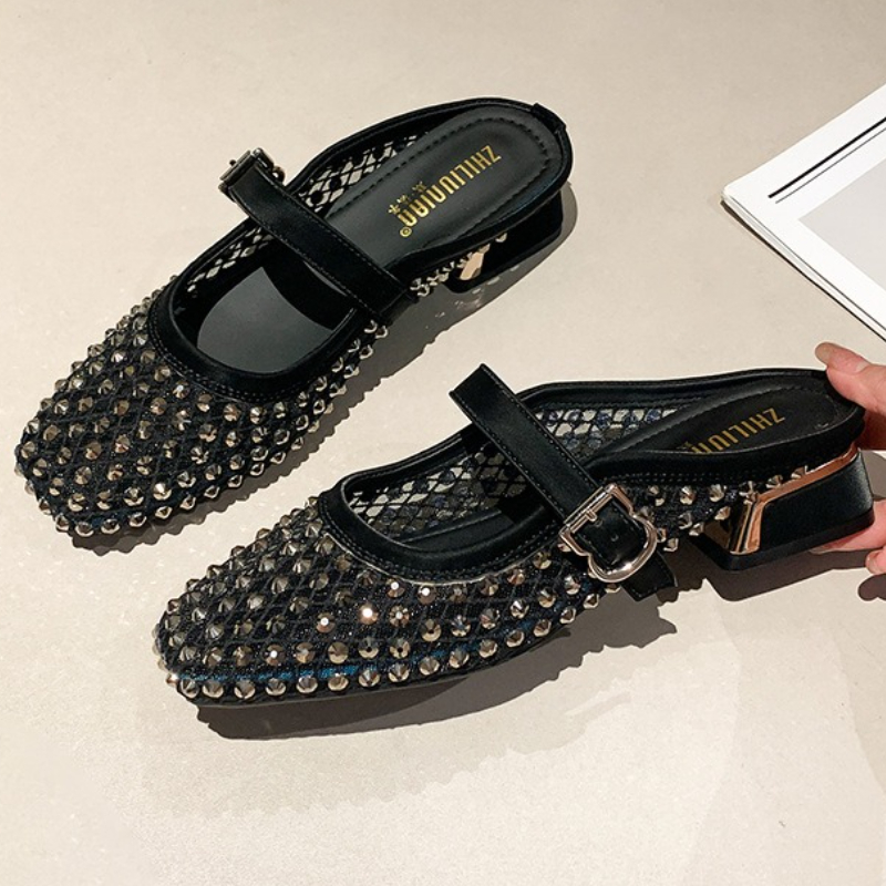 Mesh Rhinestone Chunky Heel Mu - Square Toe Mule 评论和价格
