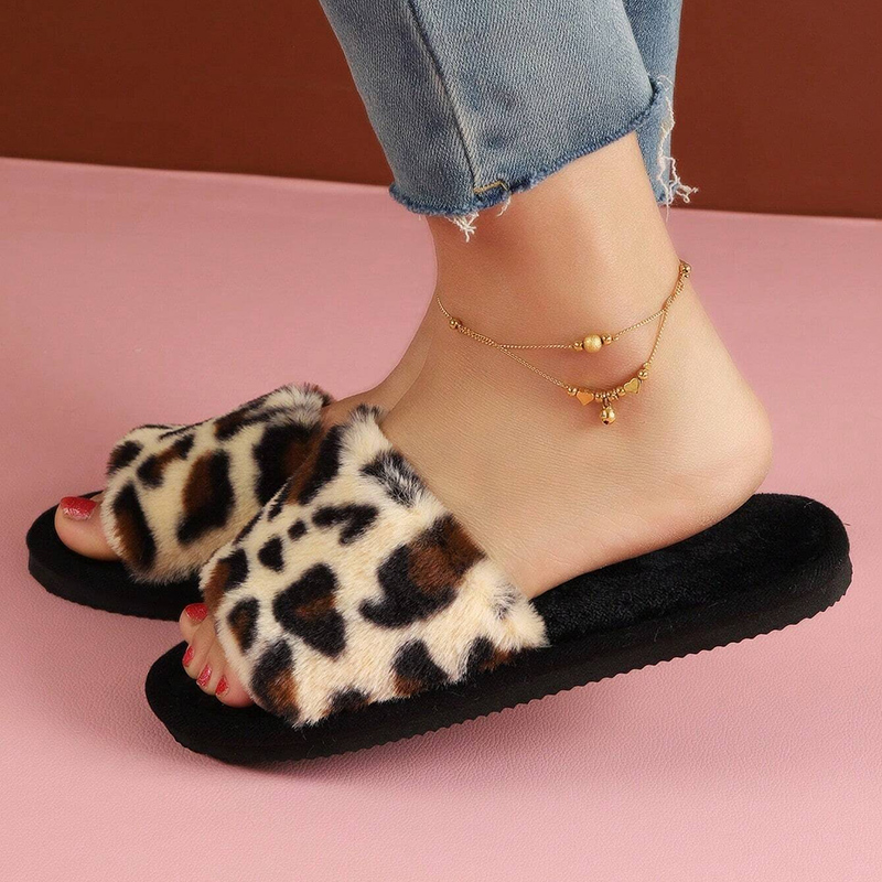 Fashion Leopard Print Fur Slip - Fluffy Fur Slipper 评论和价格