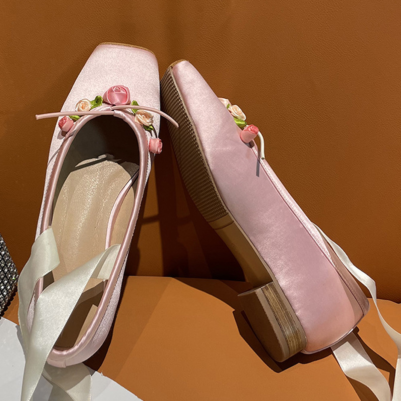 Women Pink Satin Square Toe Lo - Ribbon Tie Heel 评论和价格
